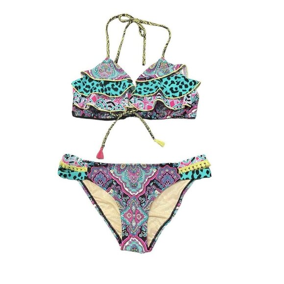 Betsey Johnson $118 Bikini Swimsuit Neon Mixed Animal Print Paisley Size Large - Picture 1 of 9
